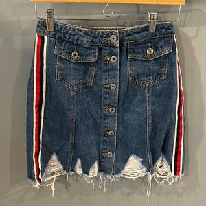Denim button skirt with stripes on side and distressed bottom